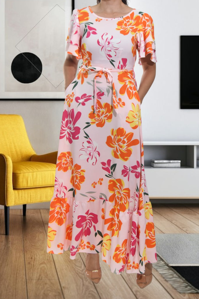 Ladies Pink Floral Tie Maxi Dress - StylePhase SA