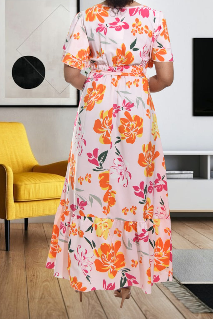 Ladies Pink Floral Tie Maxi Dress - StylePhase SA