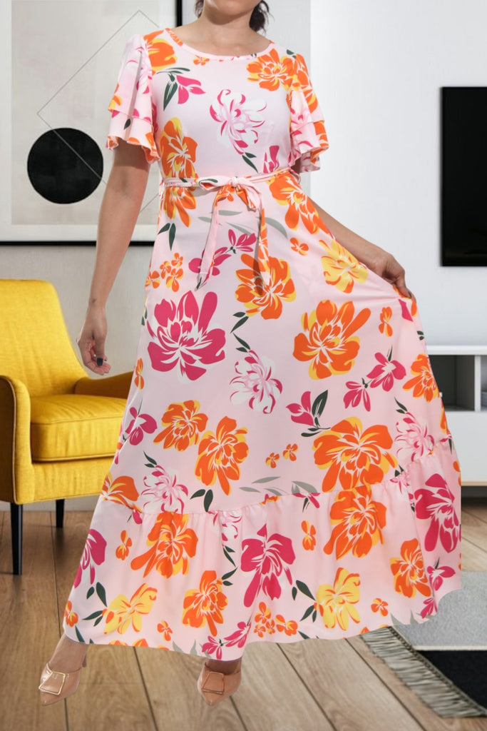 Ladies Pink Floral Tie Maxi Dress - StylePhase SA