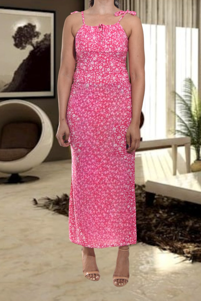Ladies Pink Floral Tie Shoulder Dress - StylePhase SA