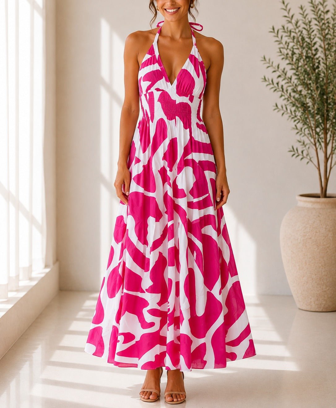 Ladies Pink Halter Neck Printed Maxi Dress - StylePhase SA