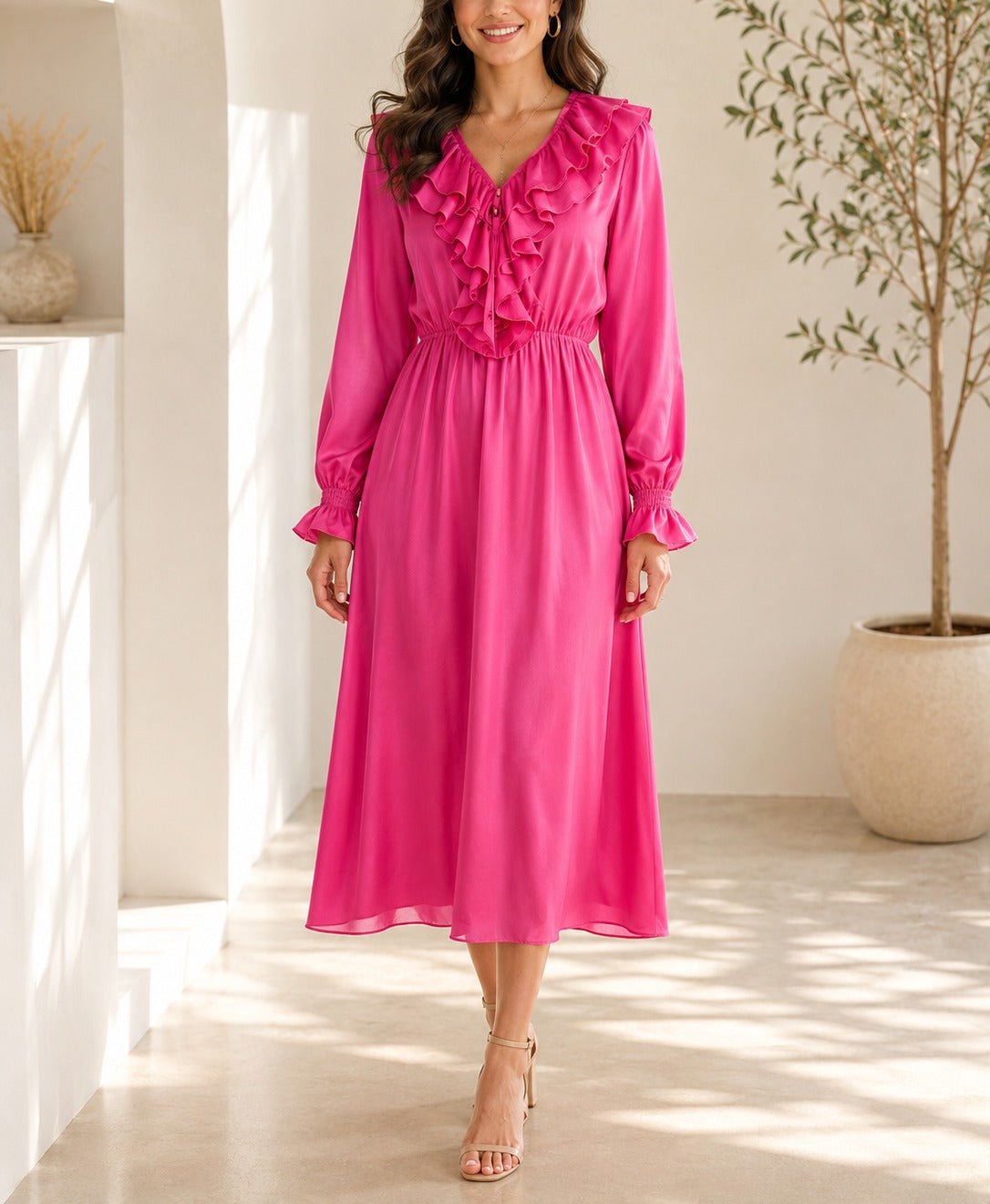 Ladies Pink Lined Ruffle V-Neckline Chiffon Dress - StylePhase SA