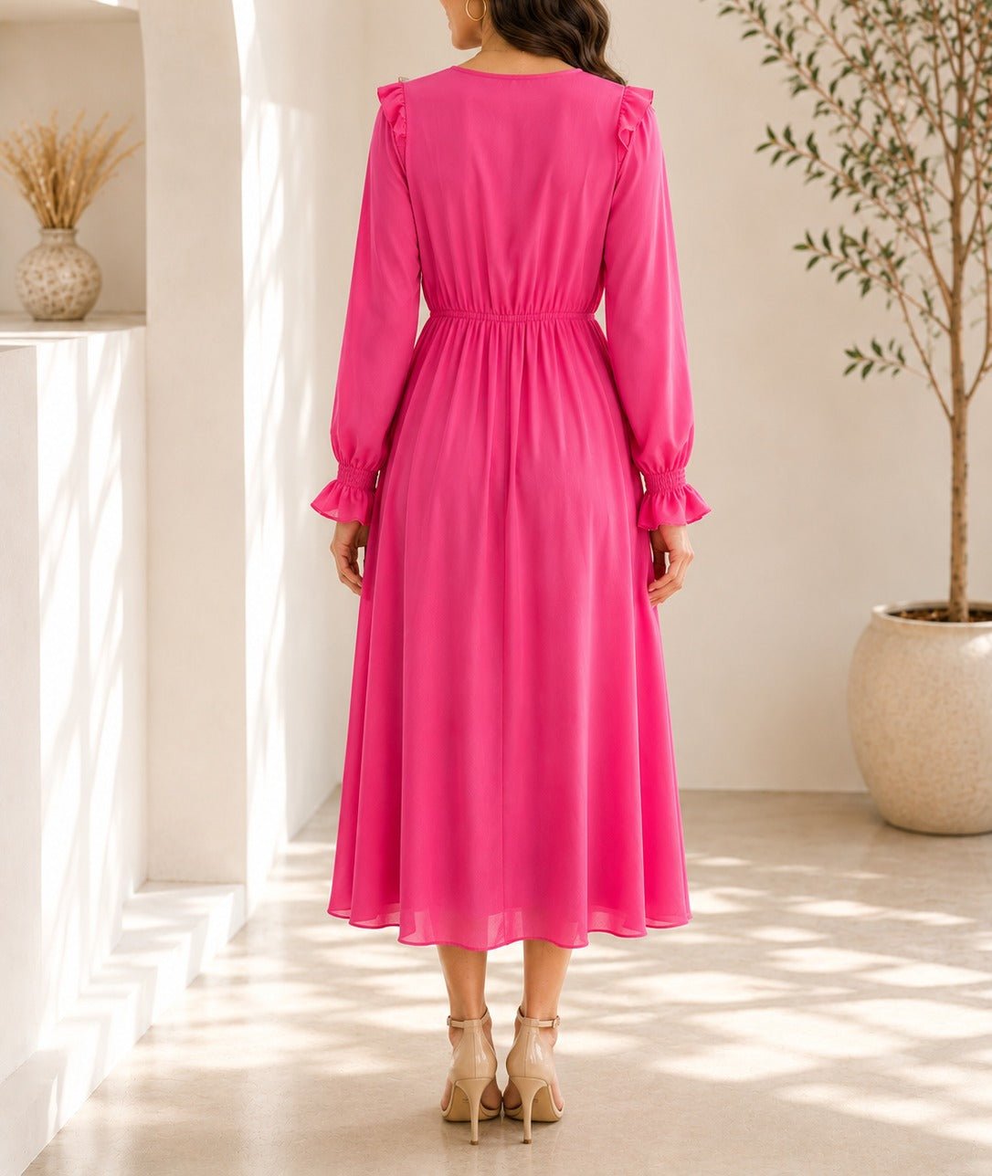 Ladies Pink Lined Ruffle V-Neckline Chiffon Dress - StylePhase SA