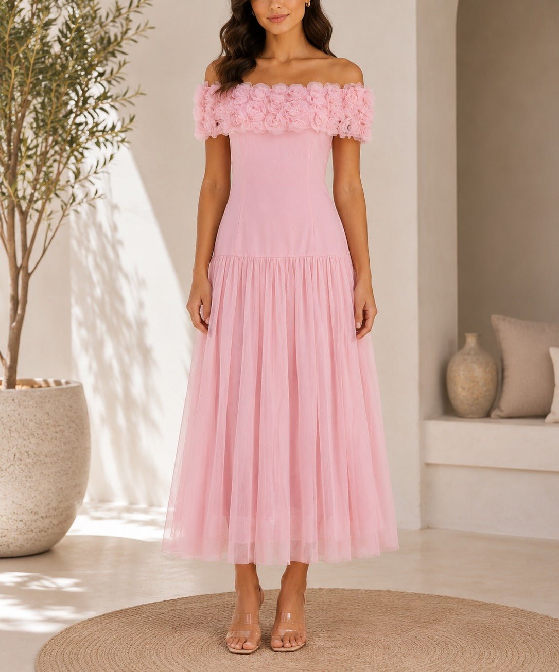 Ladies Pink Off shoulder 3D fabric Rose Dress - StylePhase SA