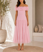 Ladies Pink Off shoulder 3D fabric Rose Dress - StylePhase SA