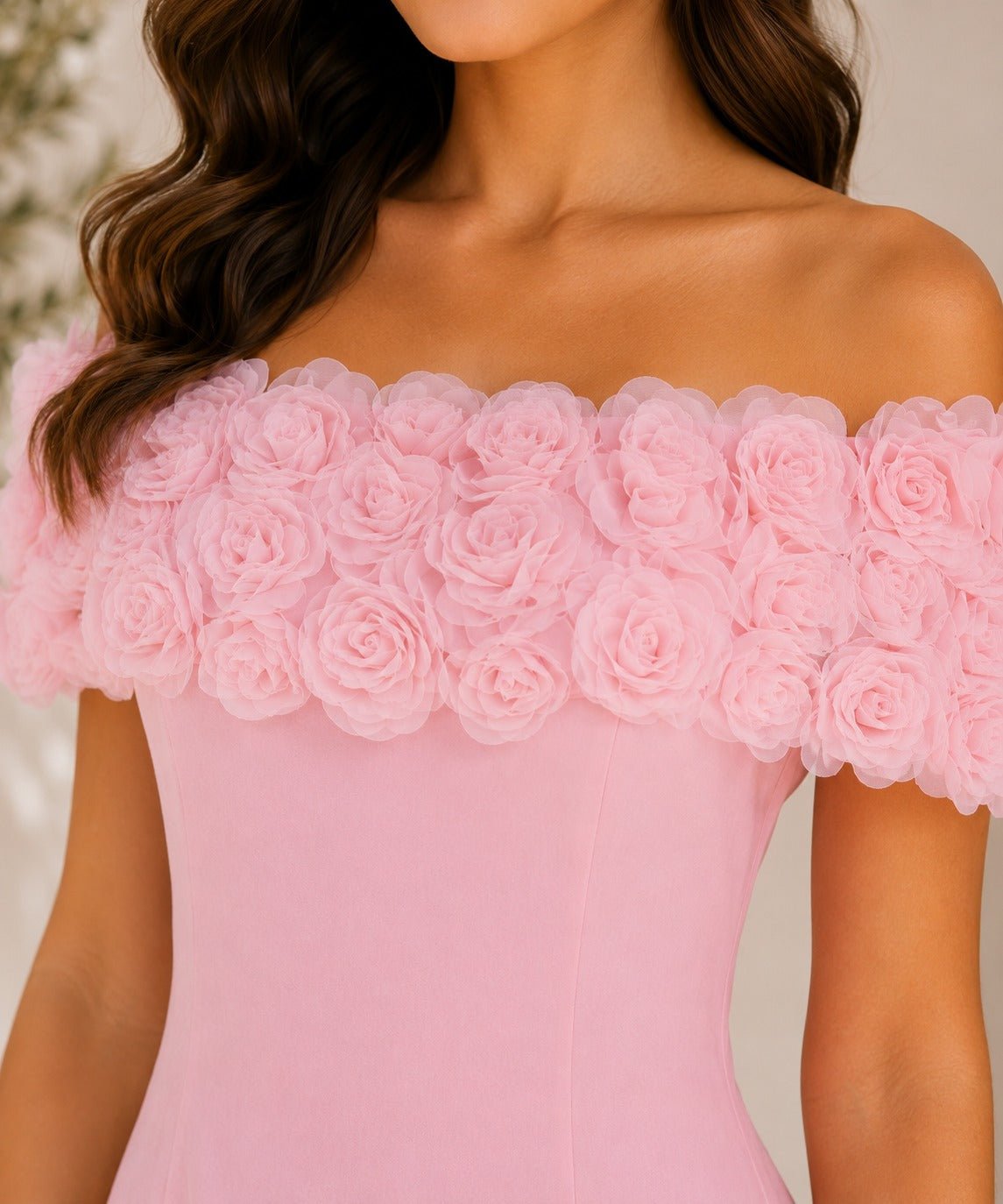 Ladies Pink Off shoulder 3D fabric Rose Dress - StylePhase SA