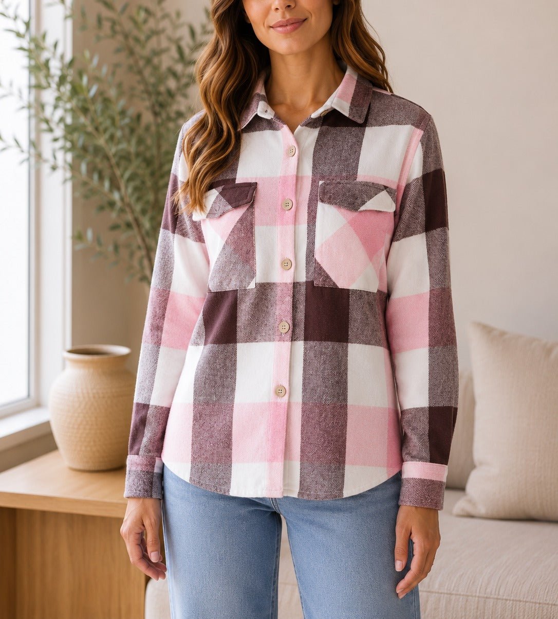 Ladies Pink Plaid Flannel Shirt - StylePhase SA