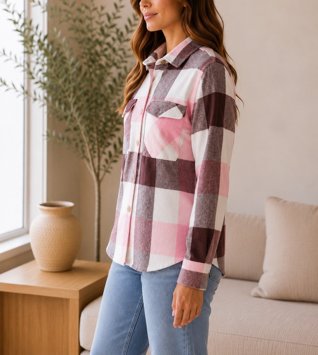 Ladies Pink Plaid Flannel Shirt - StylePhase SA