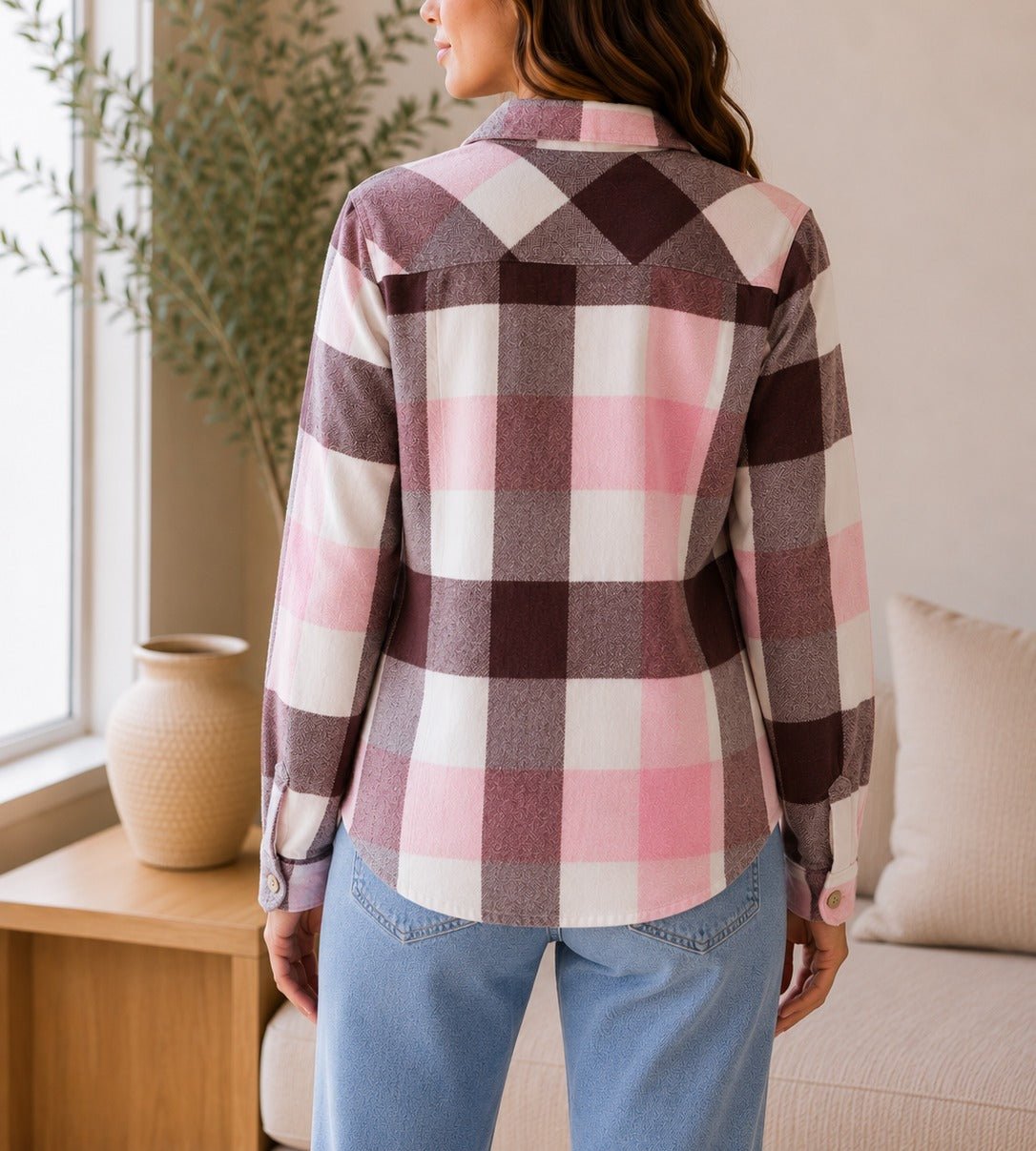 Ladies Pink Plaid Flannel Shirt - StylePhase SA