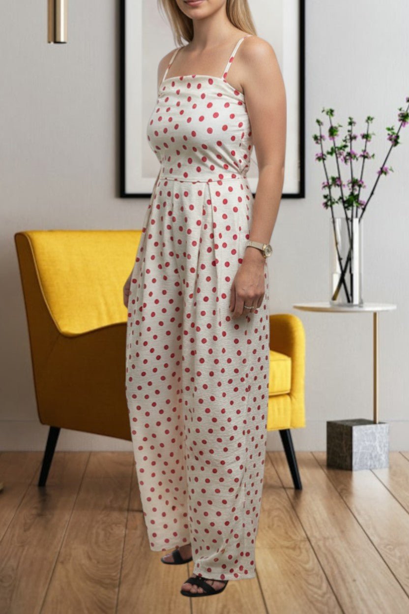 Ladies Pink Polka Dot Strappy Pleated Jumpsuit - StylePhase SA