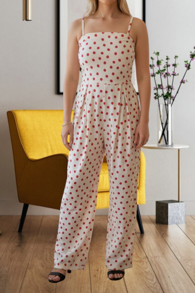 Ladies Pink Polka Dot Strappy Pleated Jumpsuit - StylePhase SA
