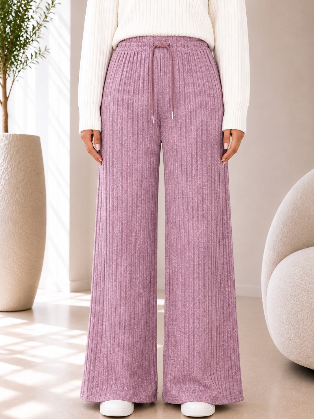Ladies Pink Ribbed Knit Wide Leg Pants - StylePhase SA