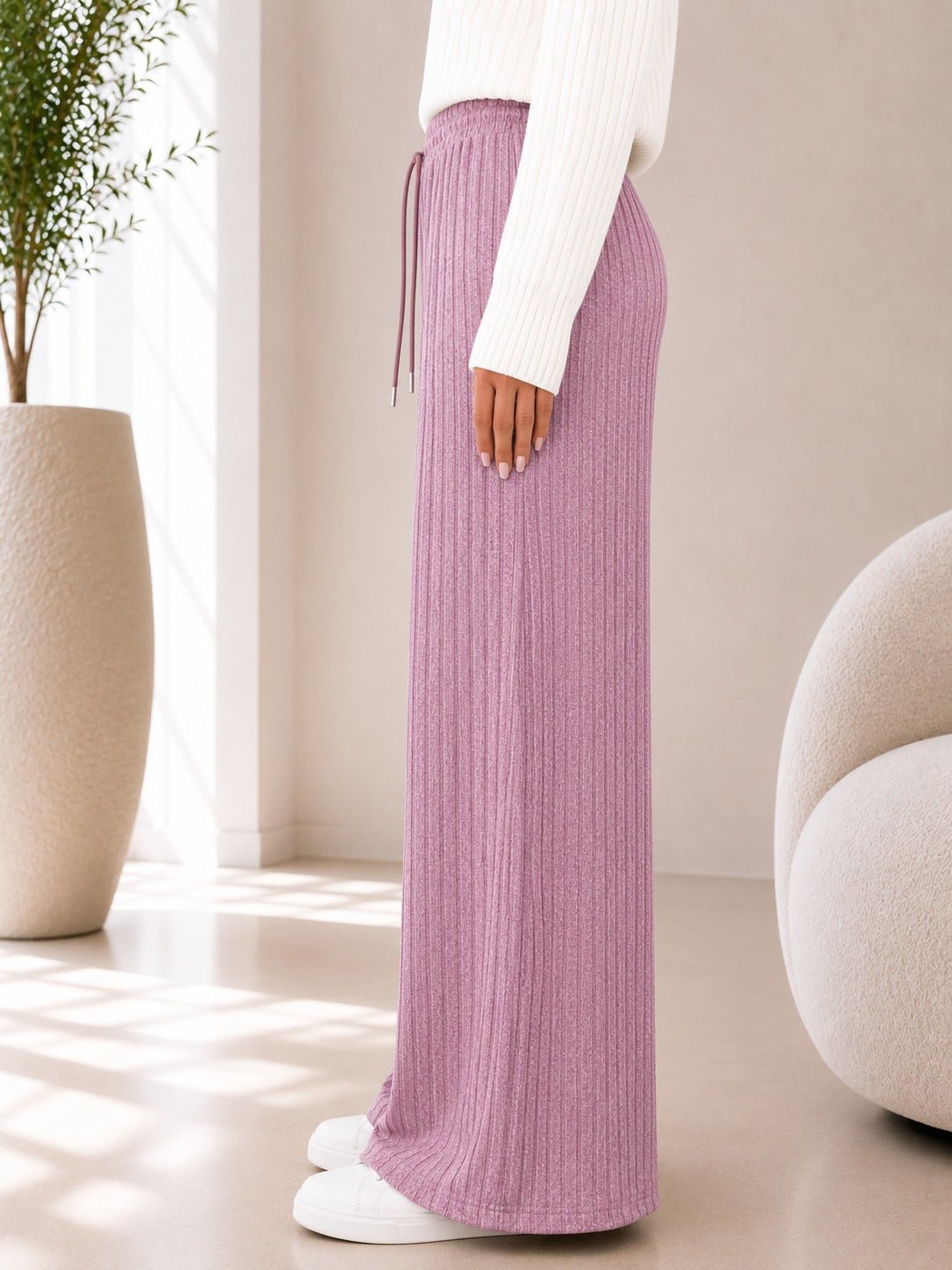 Ladies Pink Ribbed Knit Wide Leg Pants - StylePhase SA