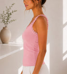 Ladies Pink Ribbed Lace-Trim Tank Top - StylePhase SA
