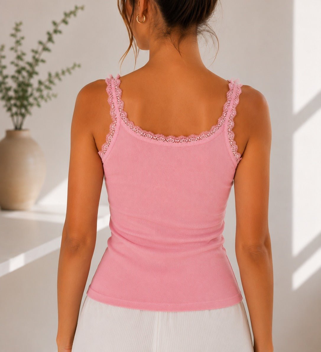 Ladies Pink Ribbed Lace-Trim Tank Top - StylePhase SA