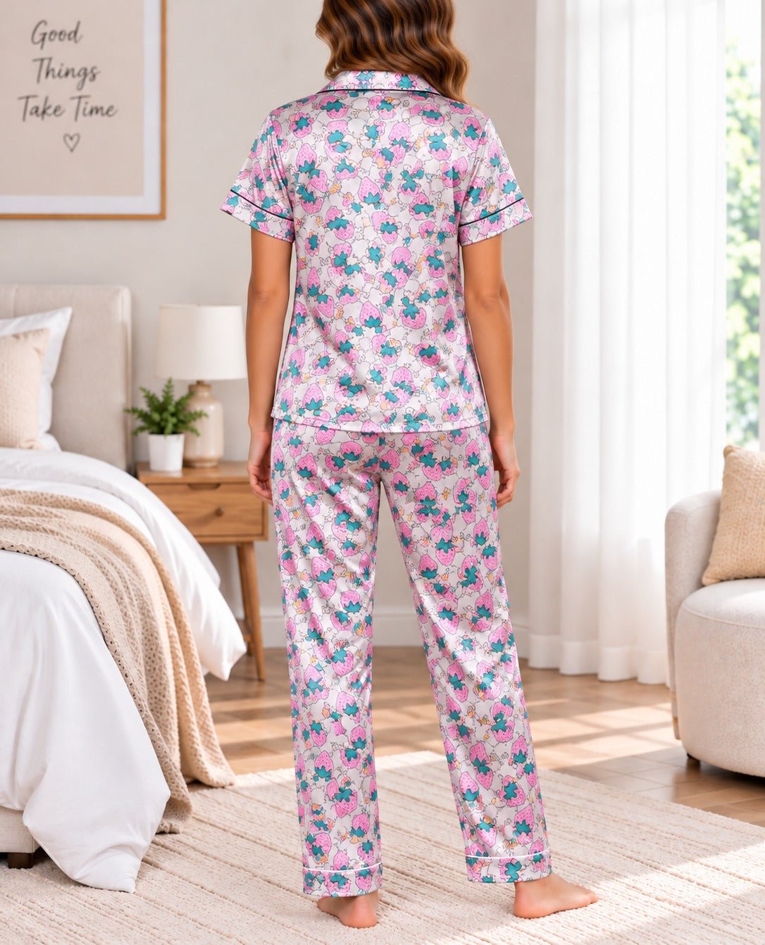 Ladies Pink Strawberry Print Satin Pyjama Set - StylePhase SA