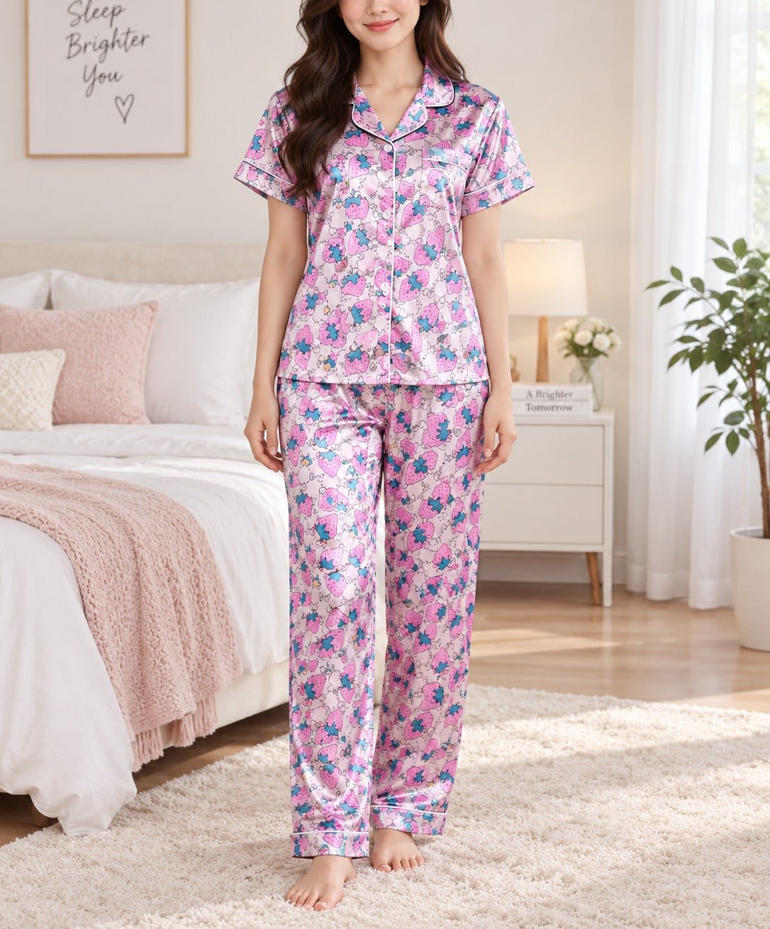 Ladies Pink Strawberry Print Satin Pyjama Set - StylePhase SA