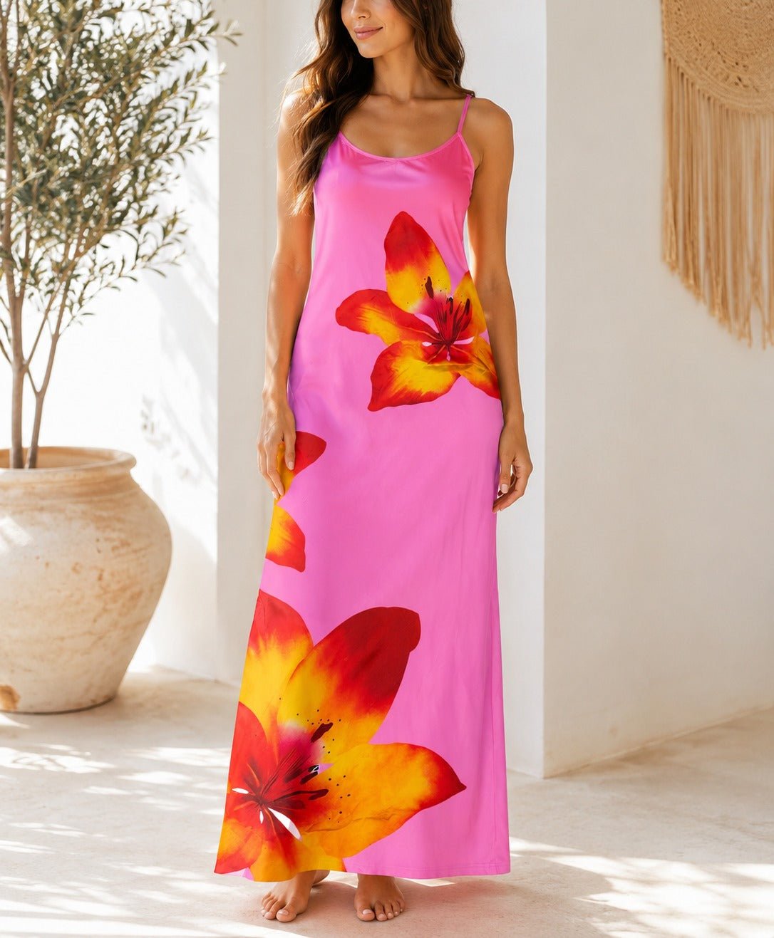 Ladies Pink Tropical Floral Maxi Dress - StylePhase SA