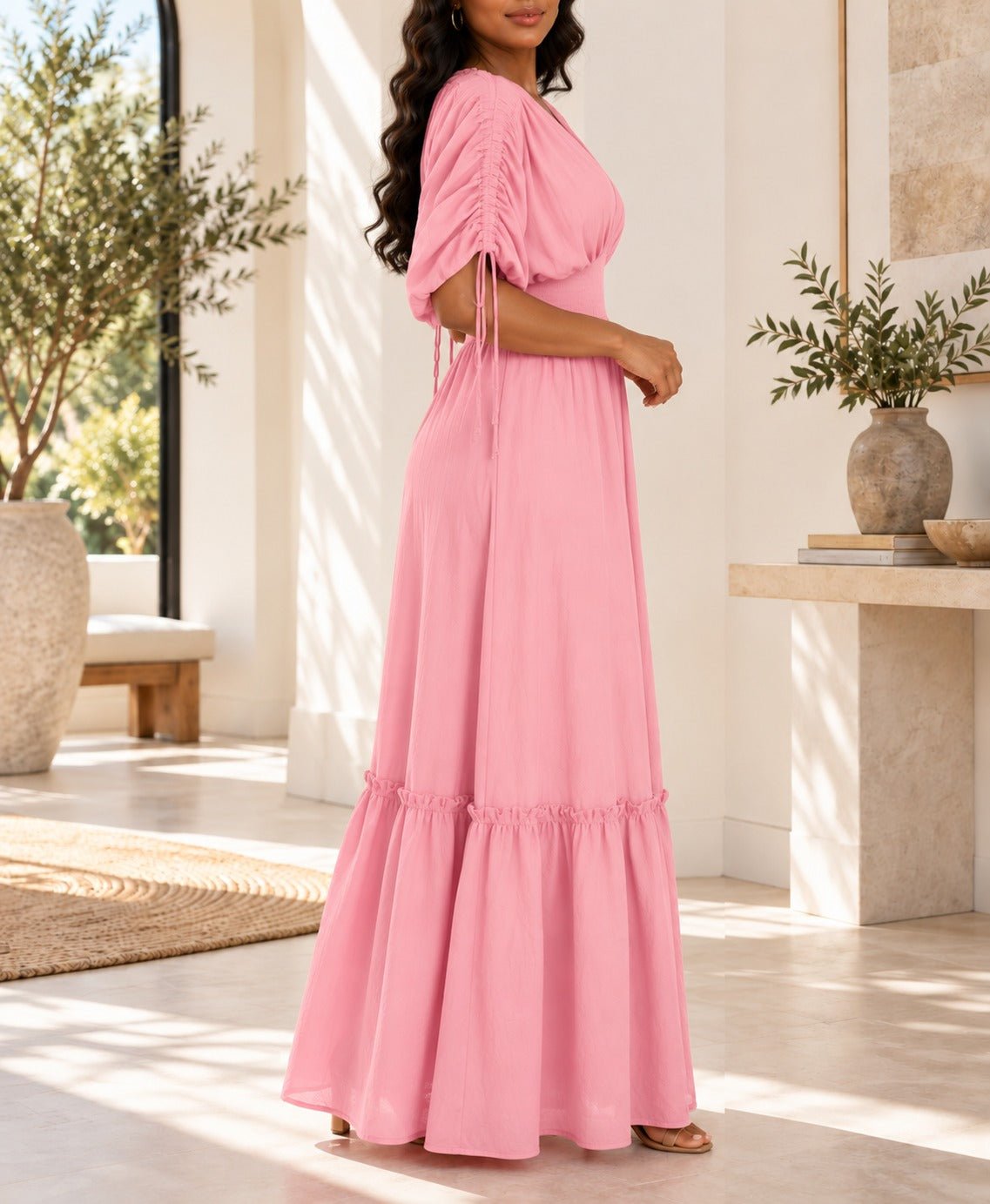Ladies Pink V-neck Drawstring Sleeve Tier Maxi Dress - StylePhase SA