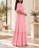 Ladies Pink V-neck Drawstring Sleeve Tier Maxi Dress - StylePhase SA