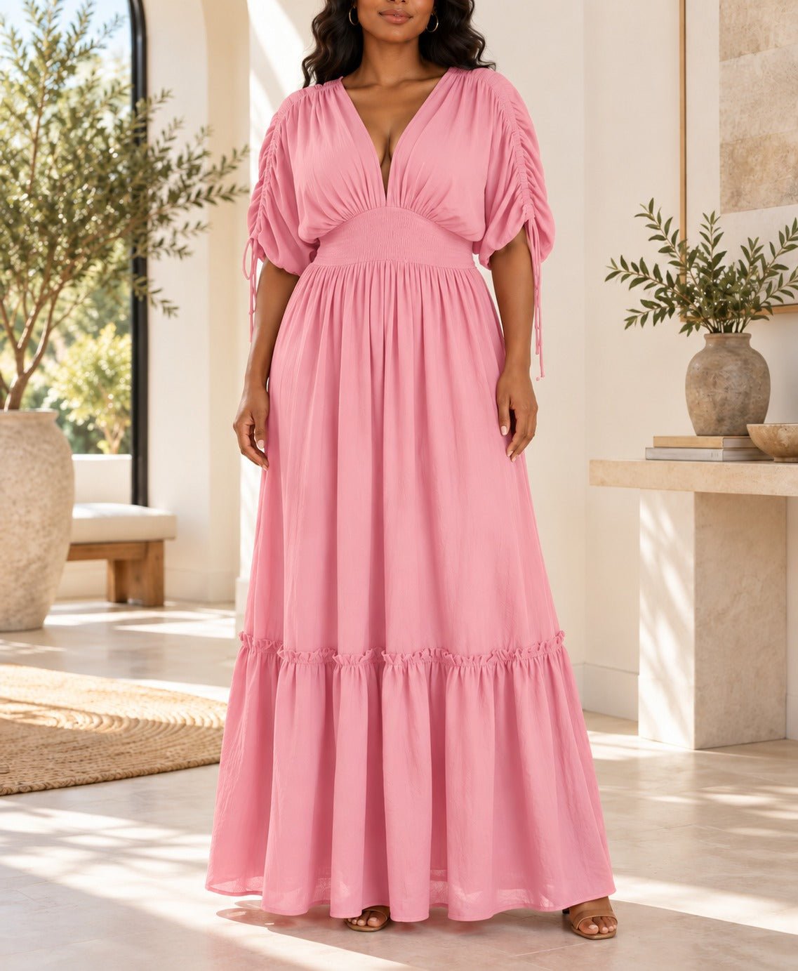 Ladies Pink V-neck Drawstring Sleeve Tier Maxi Dress - StylePhase SA