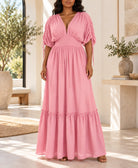 Ladies Pink V-neck Drawstring Sleeve Tier Maxi Dress - StylePhase SA