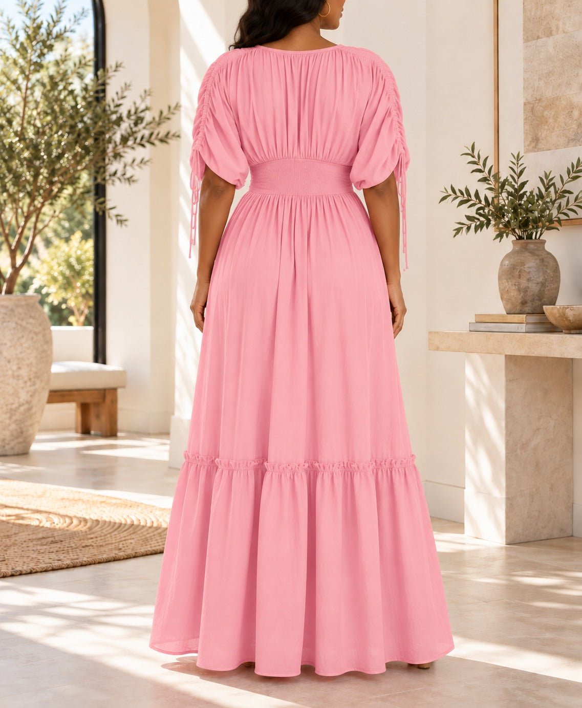 Ladies Pink V-neck Drawstring Sleeve Tier Maxi Dress - StylePhase SA
