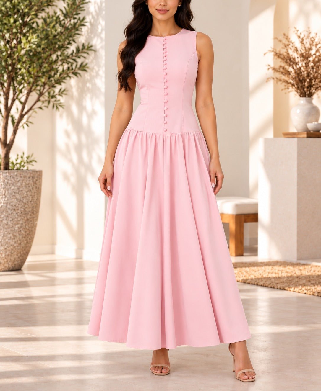 Ladies Pink Zip Back Button Front Dress - StylePhase SA