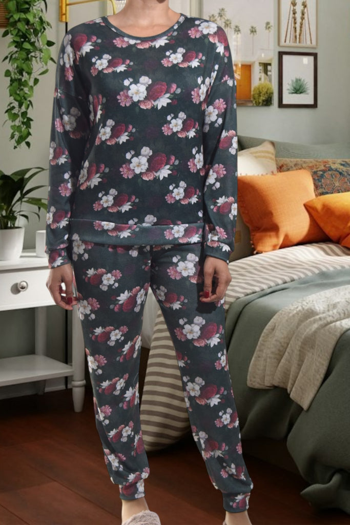 Ladies Pj Set - Dark Green Flowers - StylePhase SA
