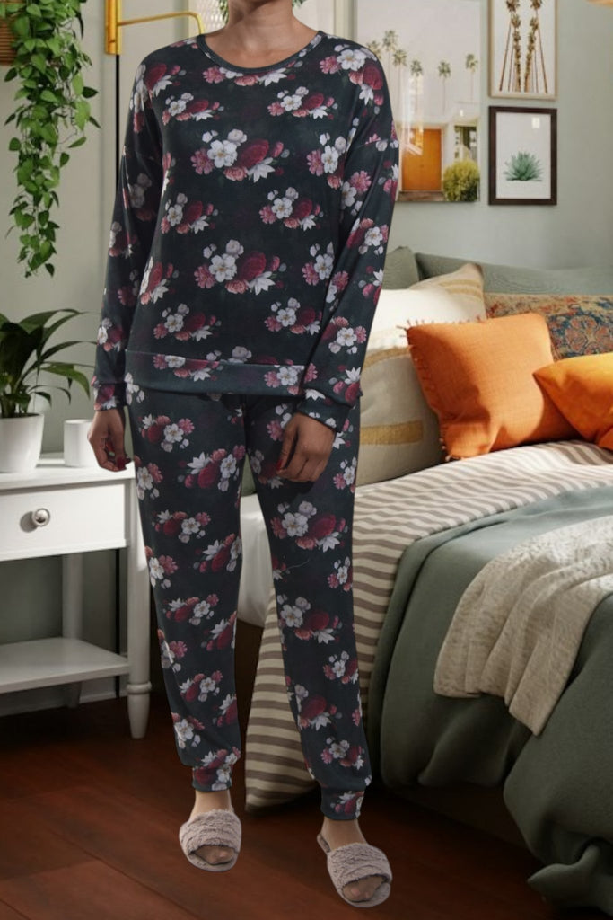 Ladies Pj Set - Dark Green Flowers - StylePhase SA