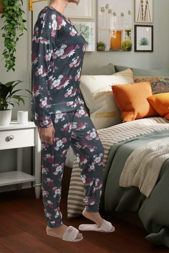 Ladies Pj Set - Dark Green Flowers - StylePhase SA