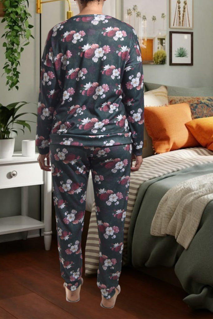 Ladies Pj Set - Dark Green Flowers - StylePhase SA
