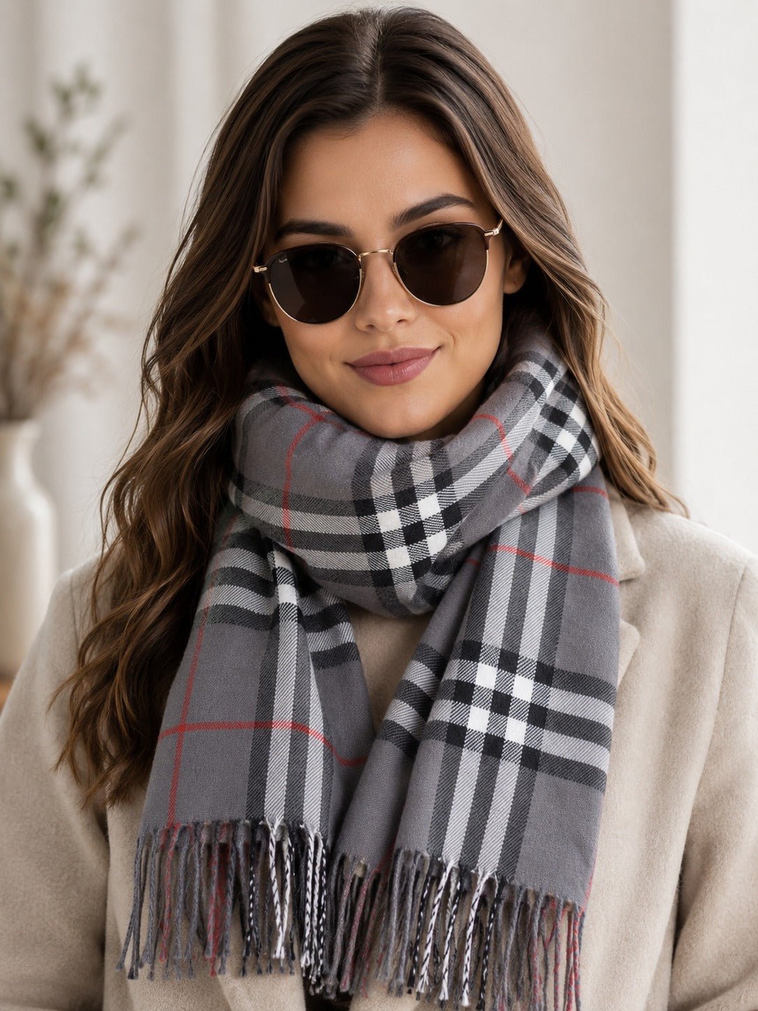 Ladies Plaid Grey Check Scarf - StylePhase SA