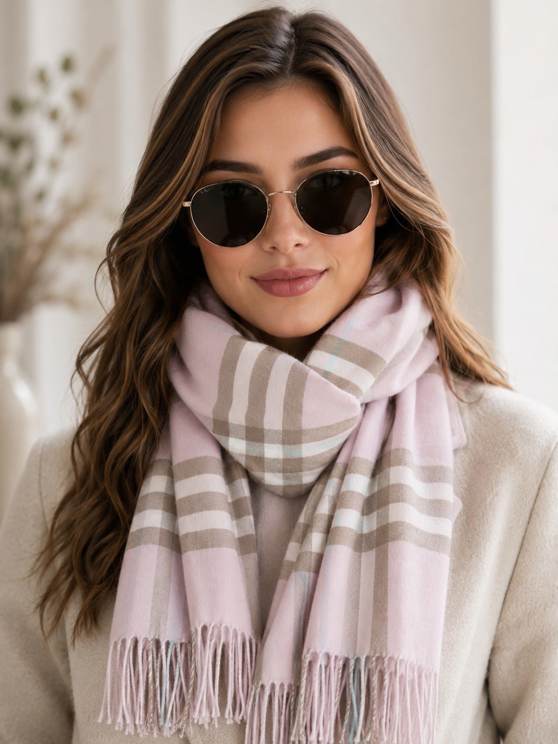 Ladies Plaid Pink And Beige Check Scarf - StylePhase SA