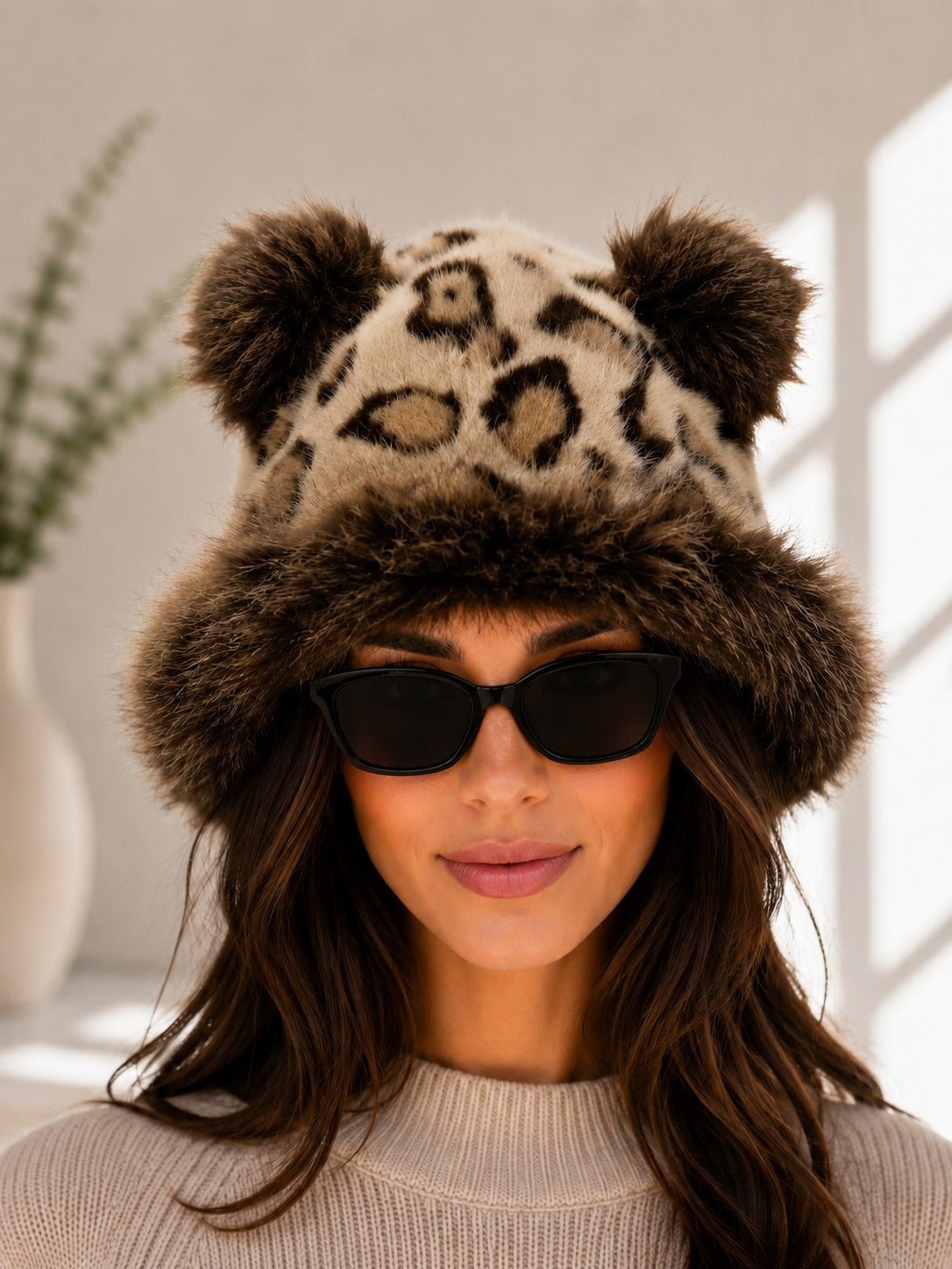 Ladies Plush Beige & Brown Faux Fur Bucket Hat - StylePhase SA