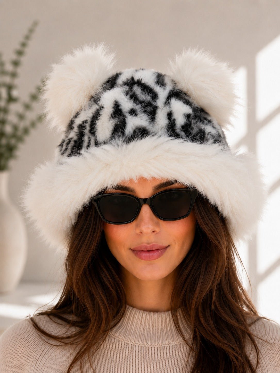 Ladies Plush Black And White Faux Fur Bucket Hat - StylePhase SA