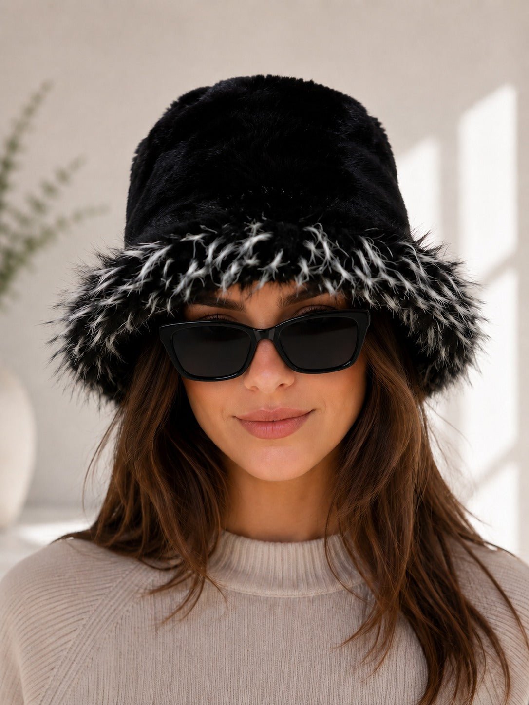 Ladies Plush Black And White Textured Faux Fur Bucket Hat - StylePhase SA