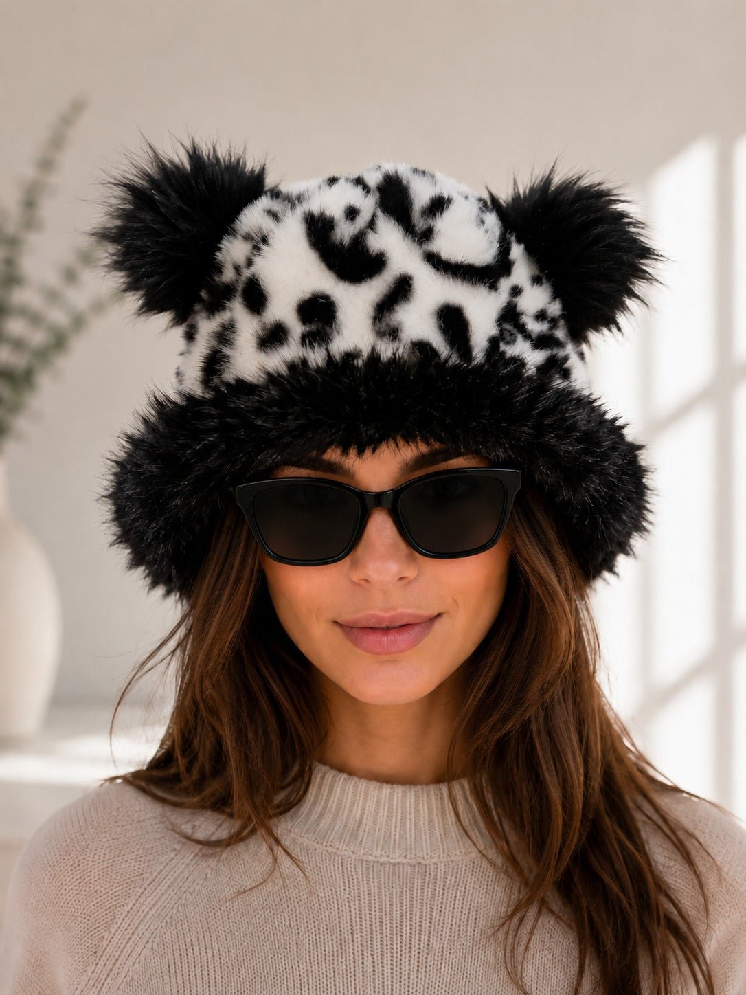 Ladies Plush Black & White Print Faux Fur Bucket Hat - StylePhase SA
