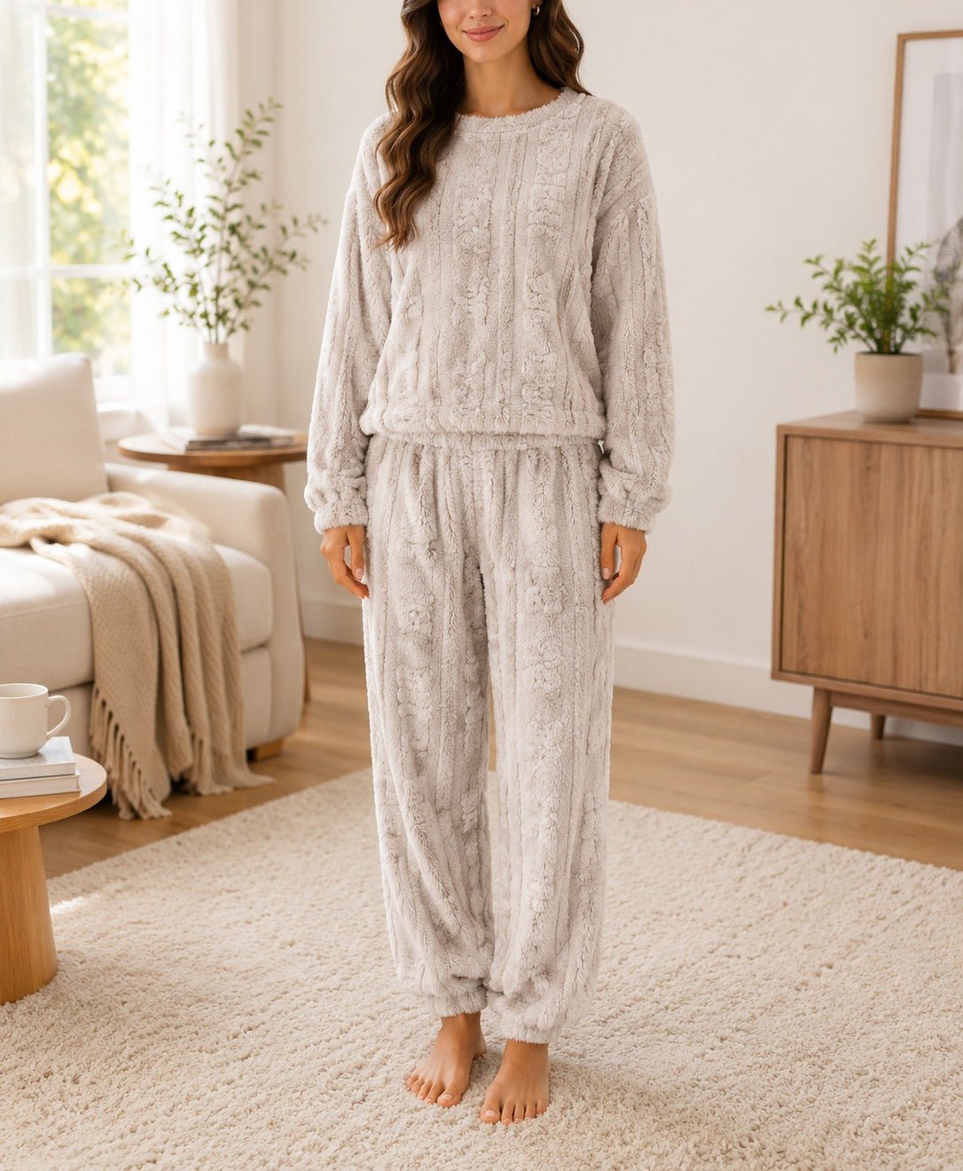 Ladies Plush Cuffed Pj Set -Beige - StylePhase SA
