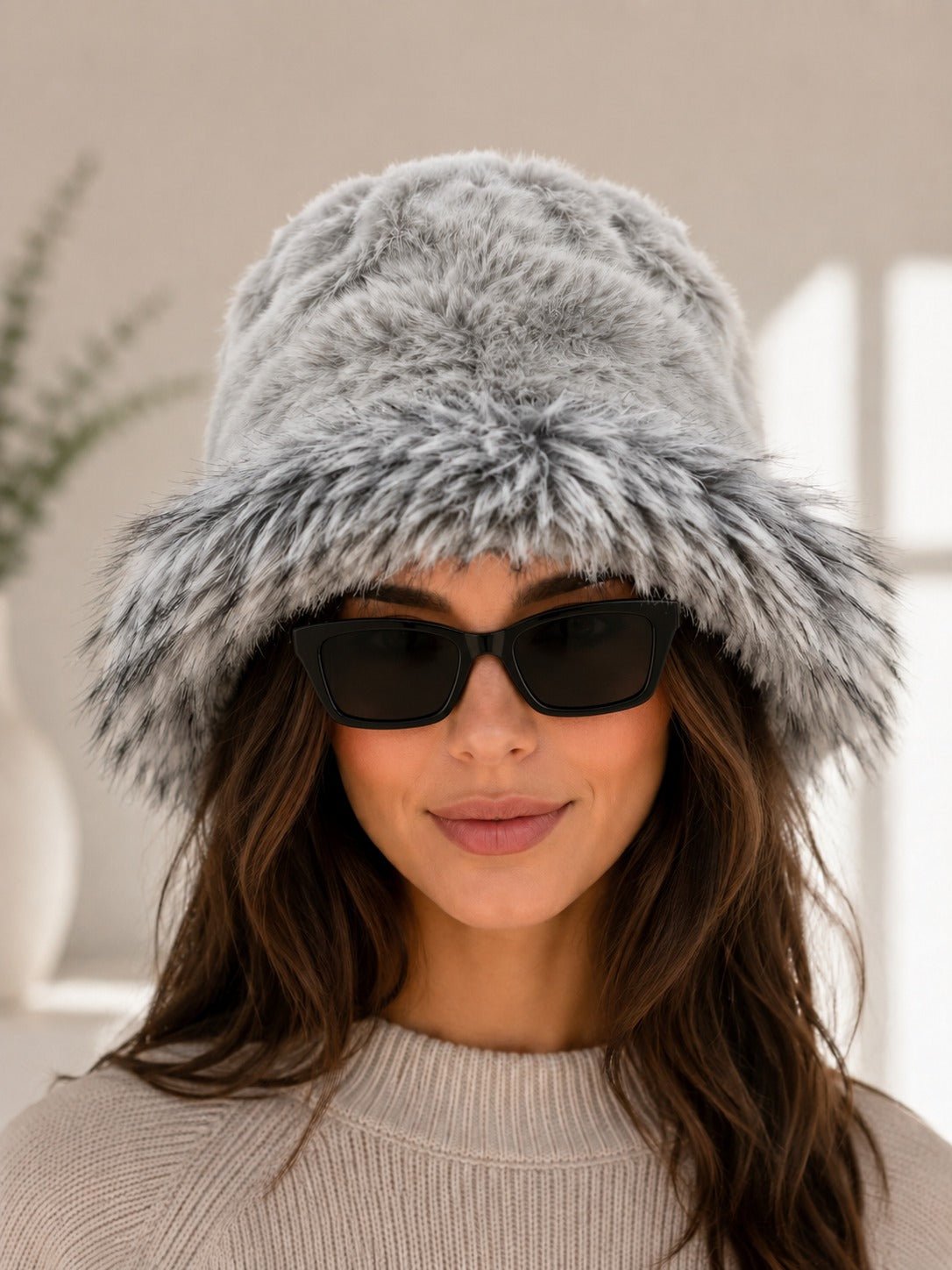 Ladies Plush Light Grey Textured Faux Fur Bucket Hat - StylePhase SA