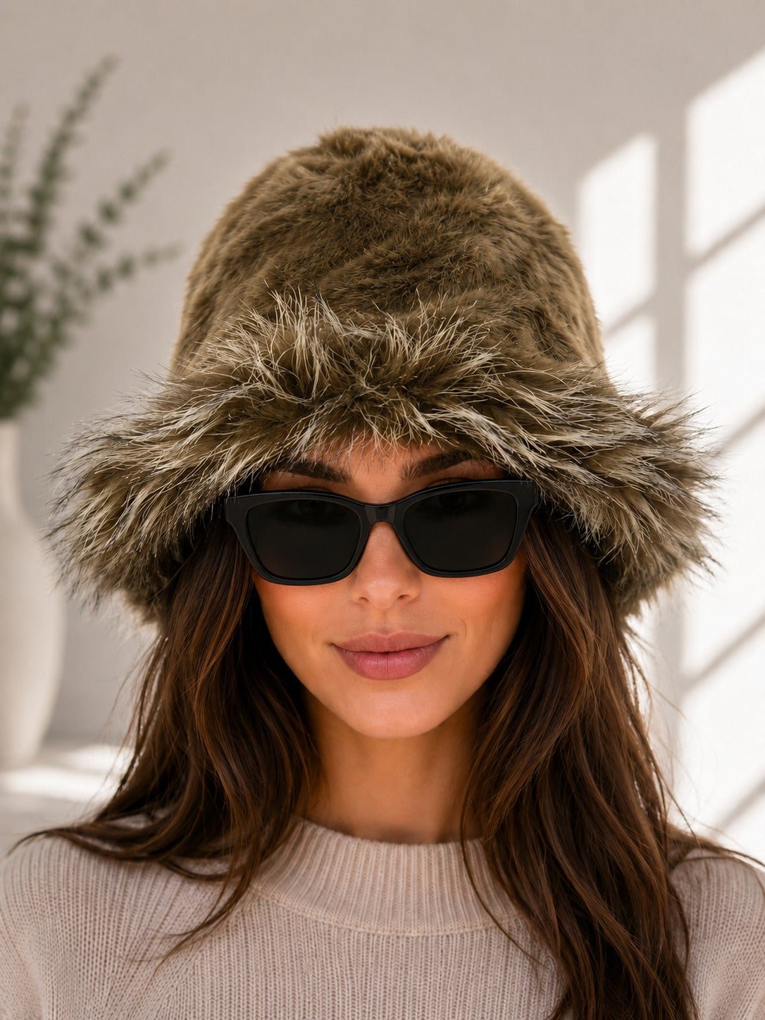 Ladies Plush Olive Green Faux Fur Bucket Hat - StylePhase SA