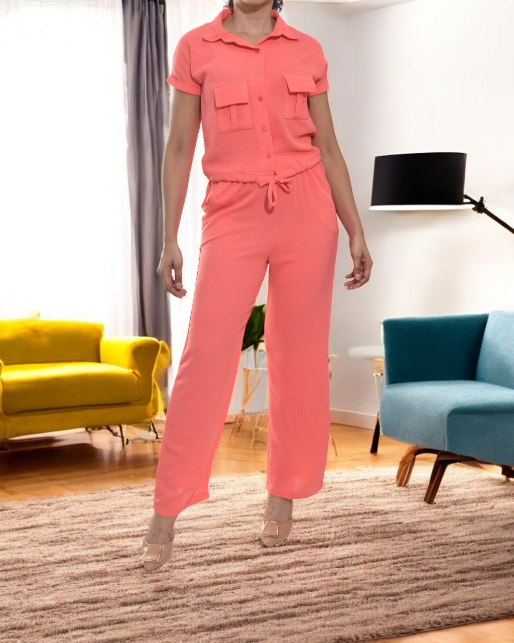 Ladies Pocket Crop Two Piece - Coral - StylePhase SA