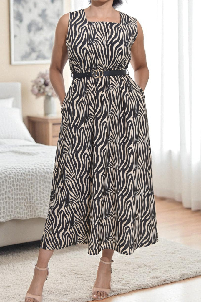 Ladies Pocket Flare Dress - Black And Beige (Excl Belt) - StylePhase SA