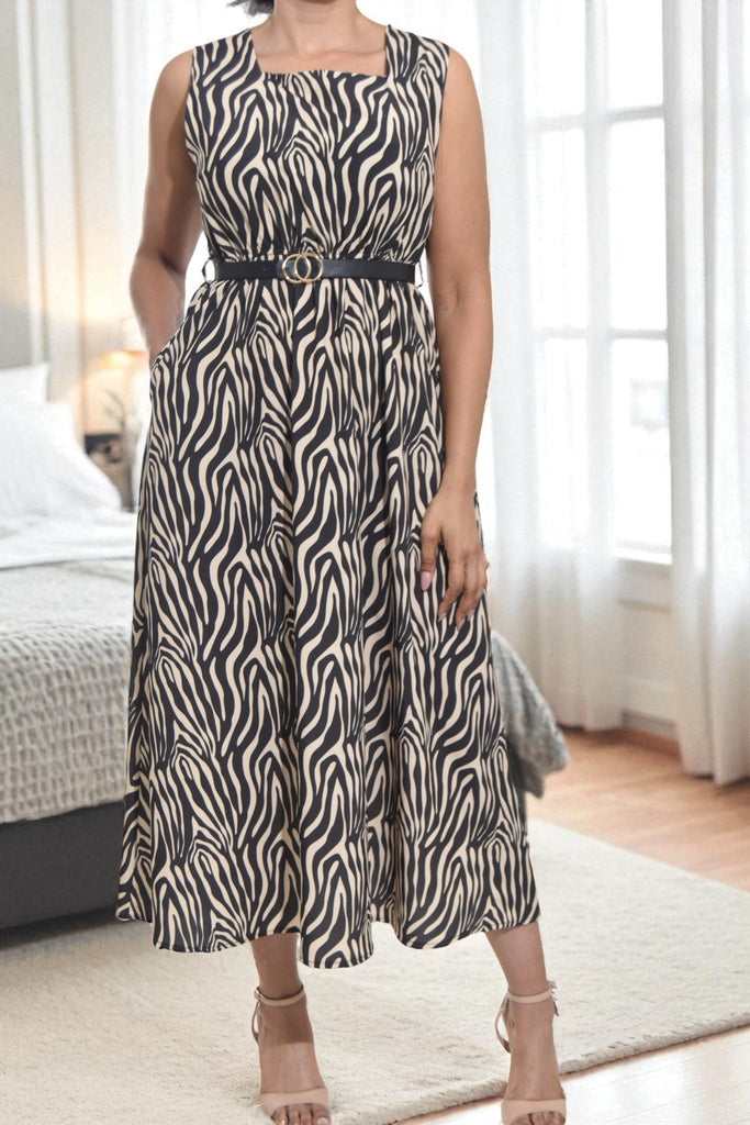 Ladies Pocket Flare Dress - Black And Beige (Excl Belt) - StylePhase SA