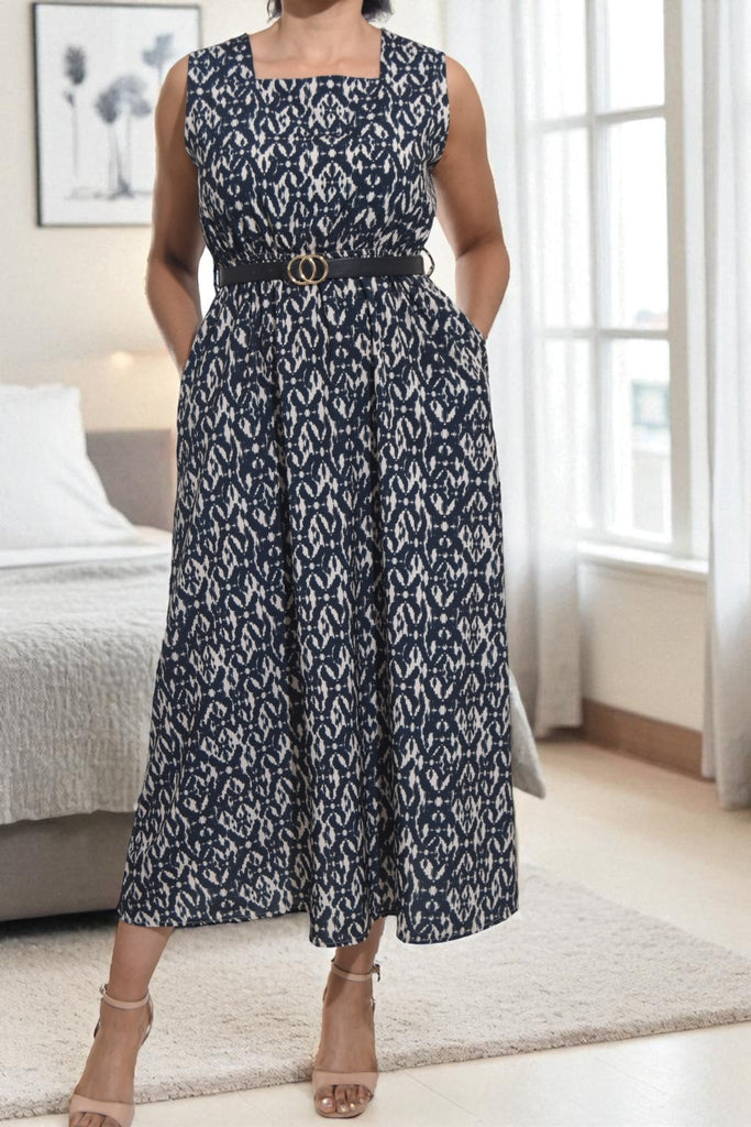 Ladies Pocket Flare Dress - Black Printed (Excl Belt) - StylePhase SA