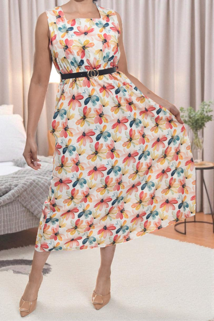 Ladies Pocket Flare Dress - Cream Floral (Excl Belt) - StylePhase SA