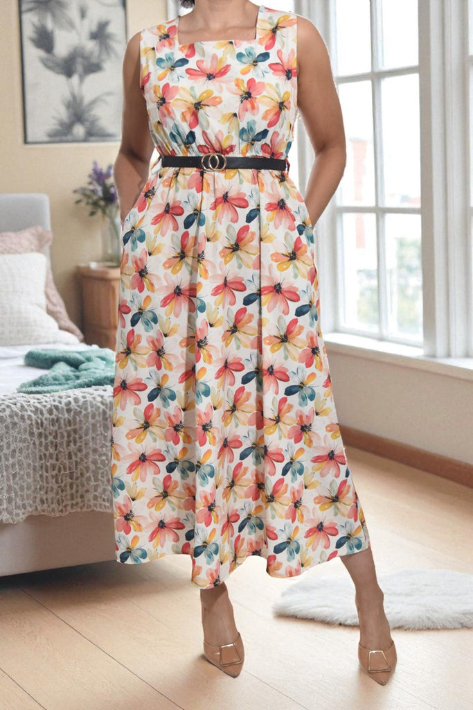Ladies Pocket Flare Dress - Cream Floral (Excl Belt) - StylePhase SA