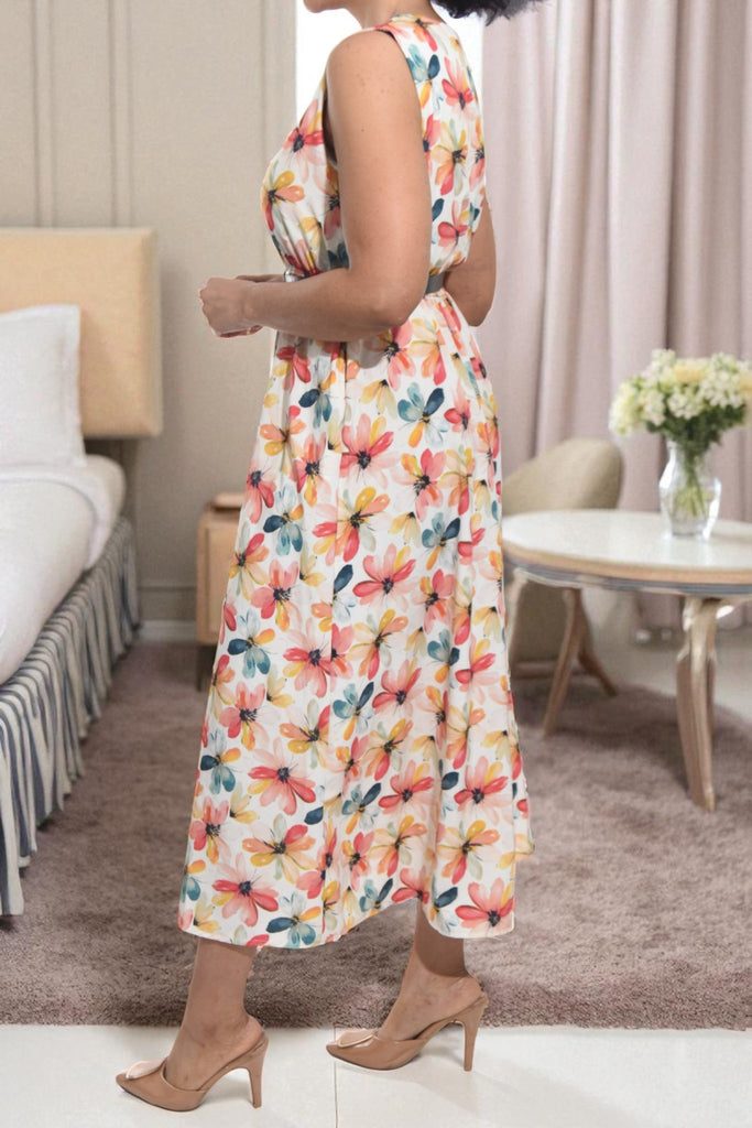 Ladies Pocket Flare Dress - Cream Floral (Excl Belt) - StylePhase SA