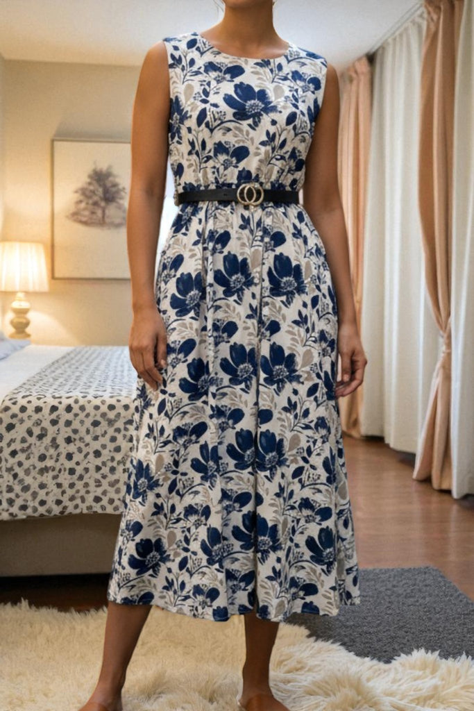 Ladies Pocket Flare Dress - Grey Blue Floral (Excl Belt) - StylePhase SA