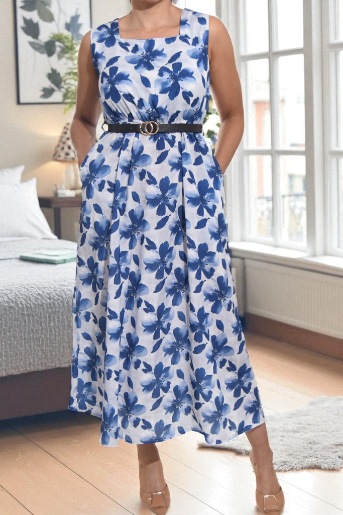 Ladies Pocket Flare Dress - Light Blue Floral (Excl Belt) - StylePhase SA